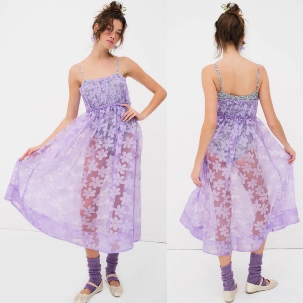 NEW NWT For Love & Lemons Villegas Bodysuit Sheer Floral Midi Dress In Purple
